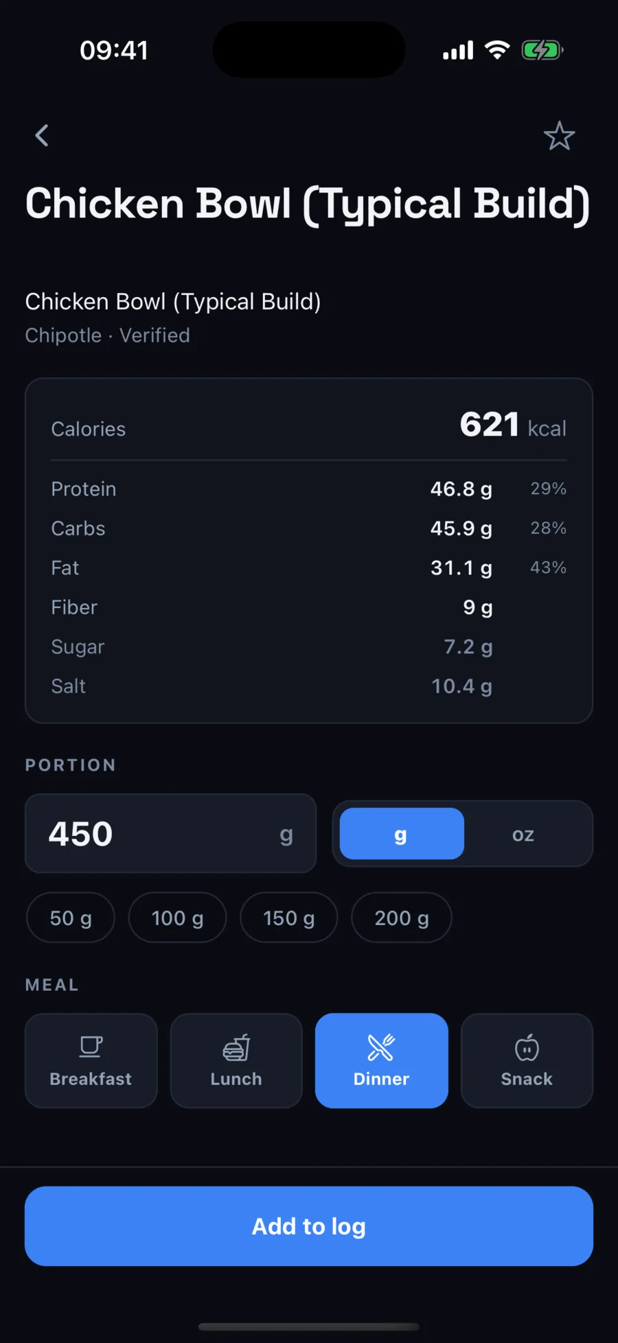 Restaurant item: a Chipotle chicken bowl, 450 g, 621 kcal