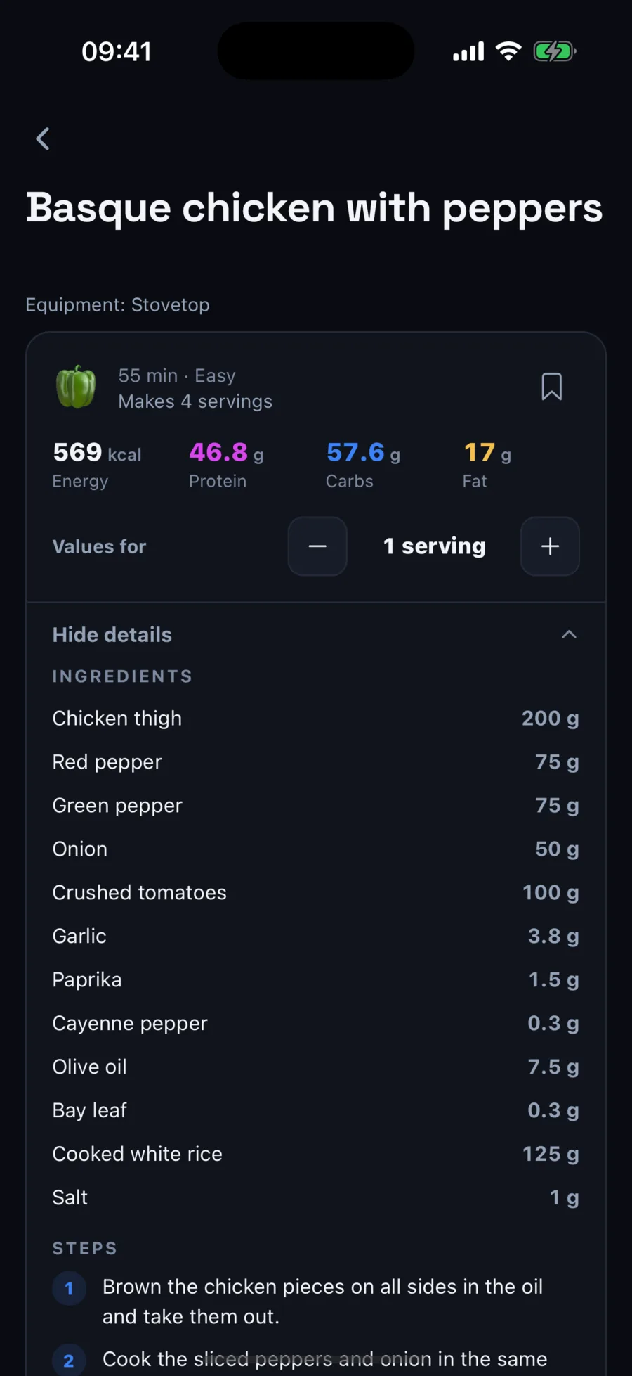 Recipe: Basque chicken with peppers, 569 kcal per serving