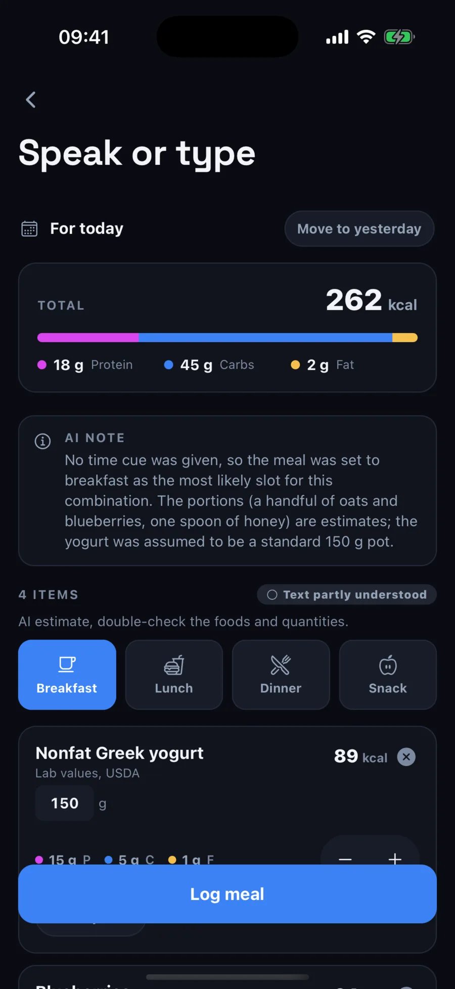 Voice log: breakfast said out loud, 262 kcal