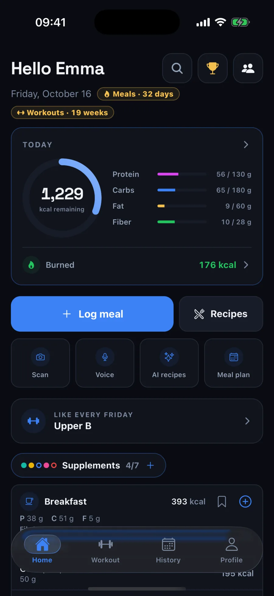Home: calories remaining, macros and the day's meals